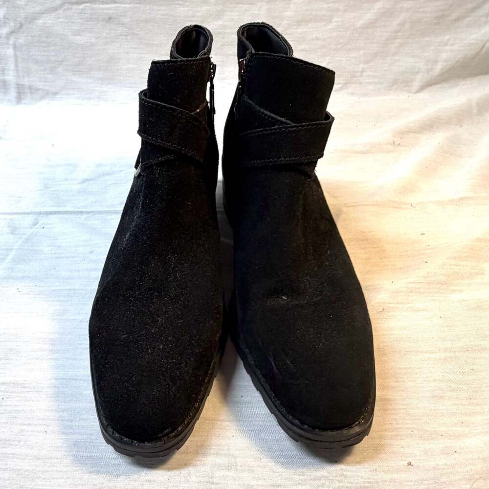 Blondo Women's Black Suede Ankle Boots with Side Zips and Buckle Straps